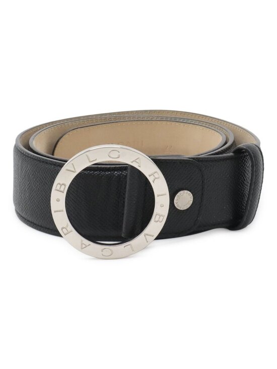 Bvlgari Belt Round Logo Buckle Gray Leather Black Silver 110 Actual 87.5 cm Cut main image 4